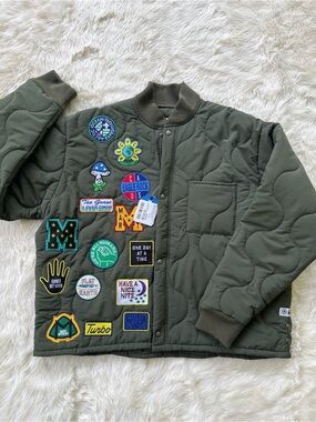 🆕 China Town Market Olive Green Quilted, Patched Bomber Jacket Size Medium